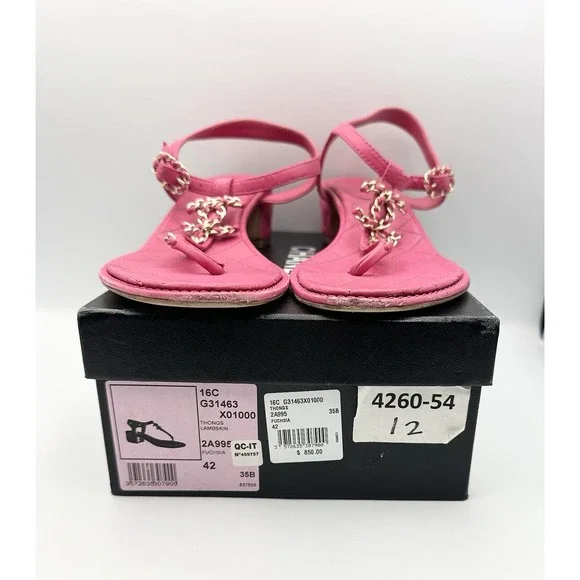 CHANEL Authentic Lambskin Fuchsia And Gold Color Thong Sandals Coco 42 US 11 - Picture 13 of 16
